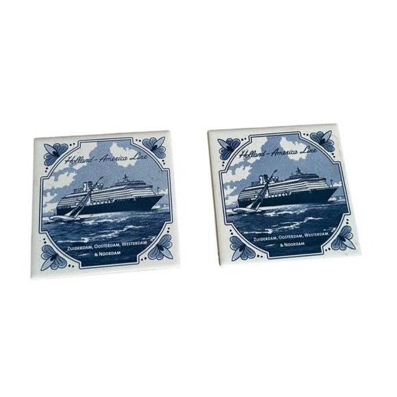Holland America Line Ceramic Tile Coasters Set Of 2 With Cork Backing - Picture 1 of 6